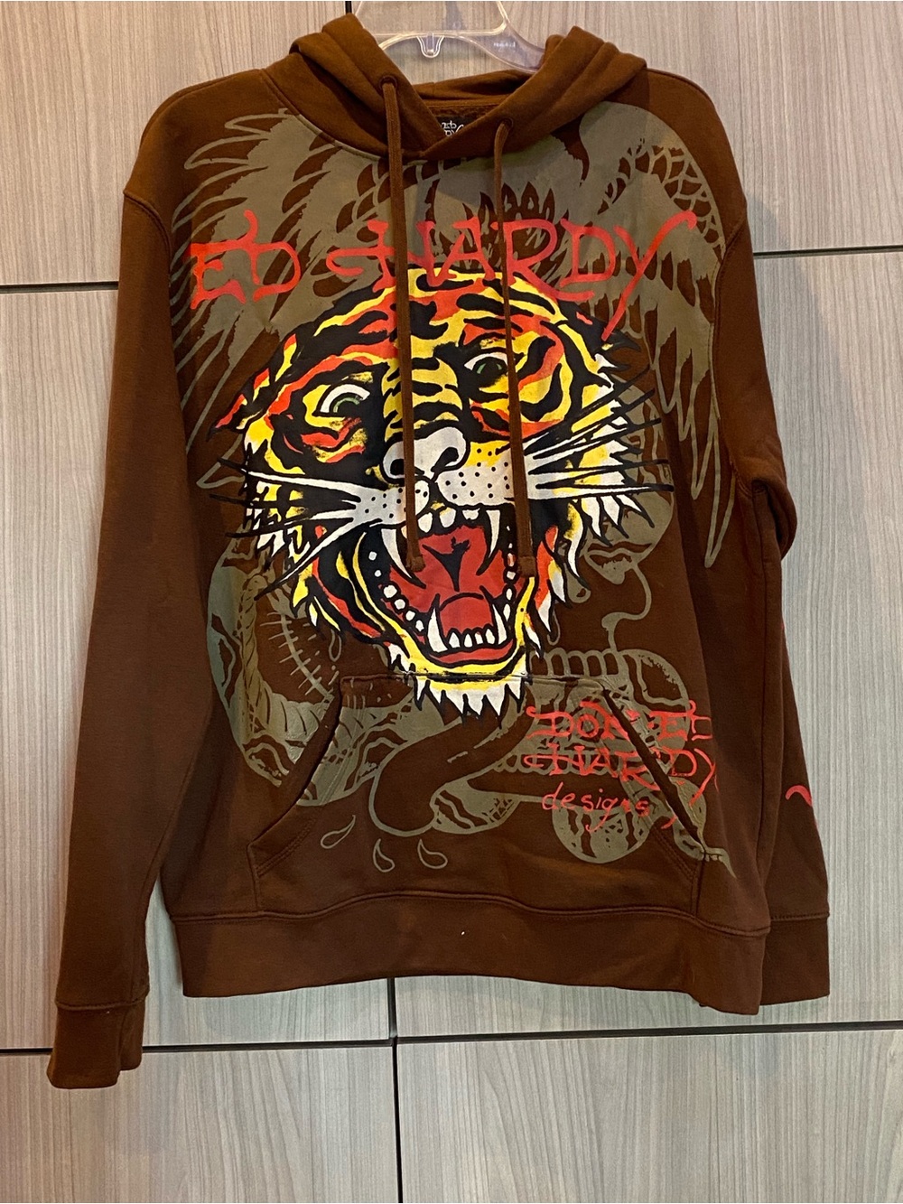 Ed Hardy Hoodie Hooded Sweatshirt Brown Tiger Medium